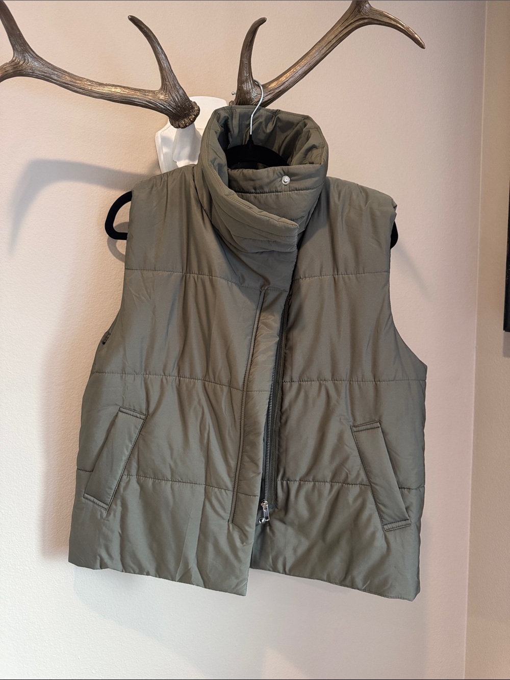Vici Olive Green Quilted Puffer Vest with High Collar